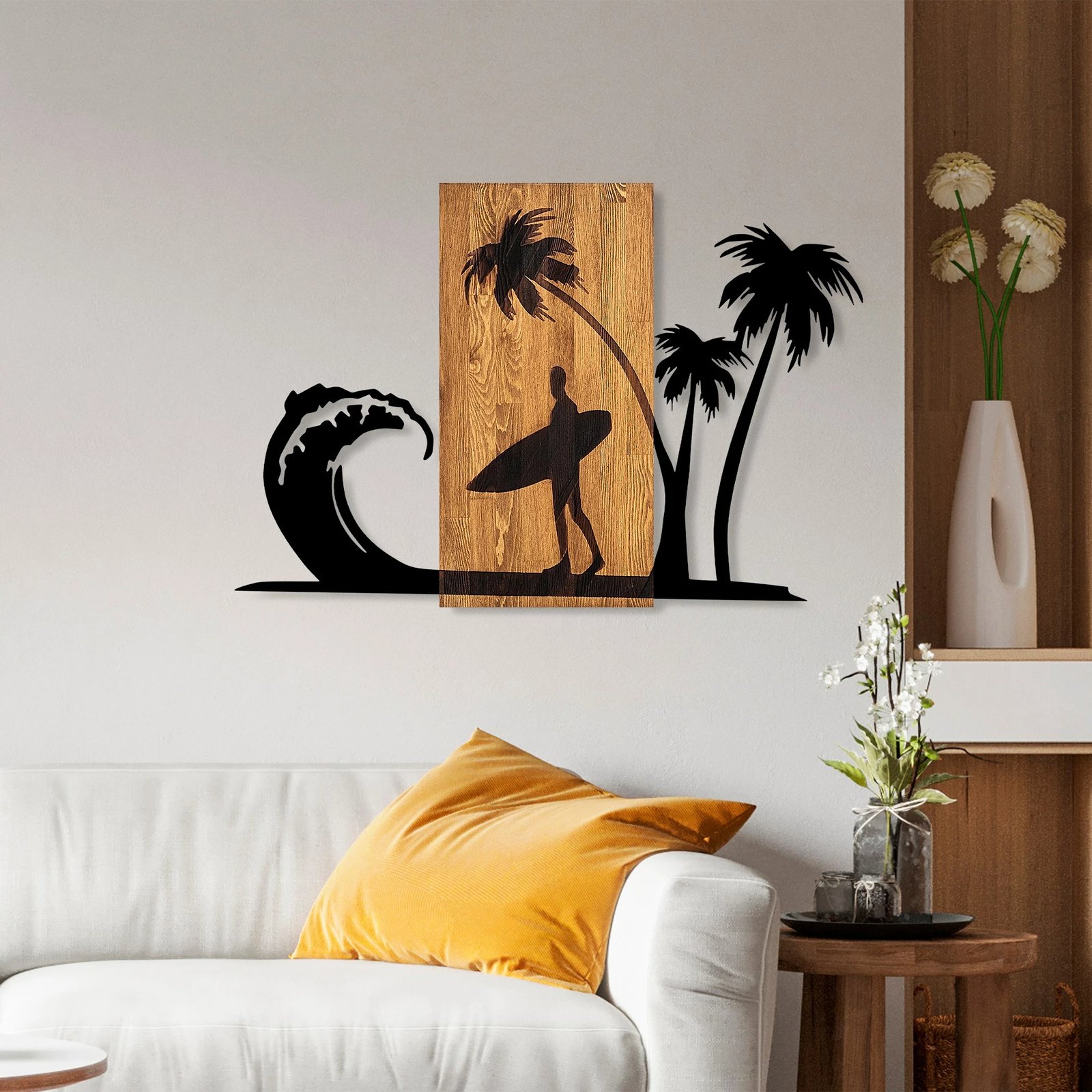 Aksesor dekorativ muri prej druri, Surfer Life, ngjyrë arre dhe e zezë