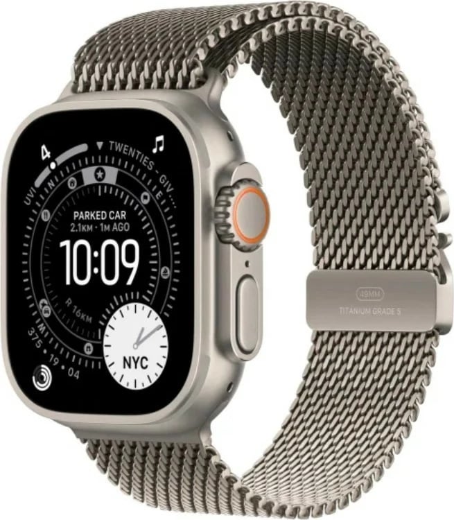 Smartwatch, Apple, Watch Ultra 3 GPS + Cellular, 49 mm kasë titan, 64 GB, ekran LTPO Retina, natyral, me rrip Milanese S