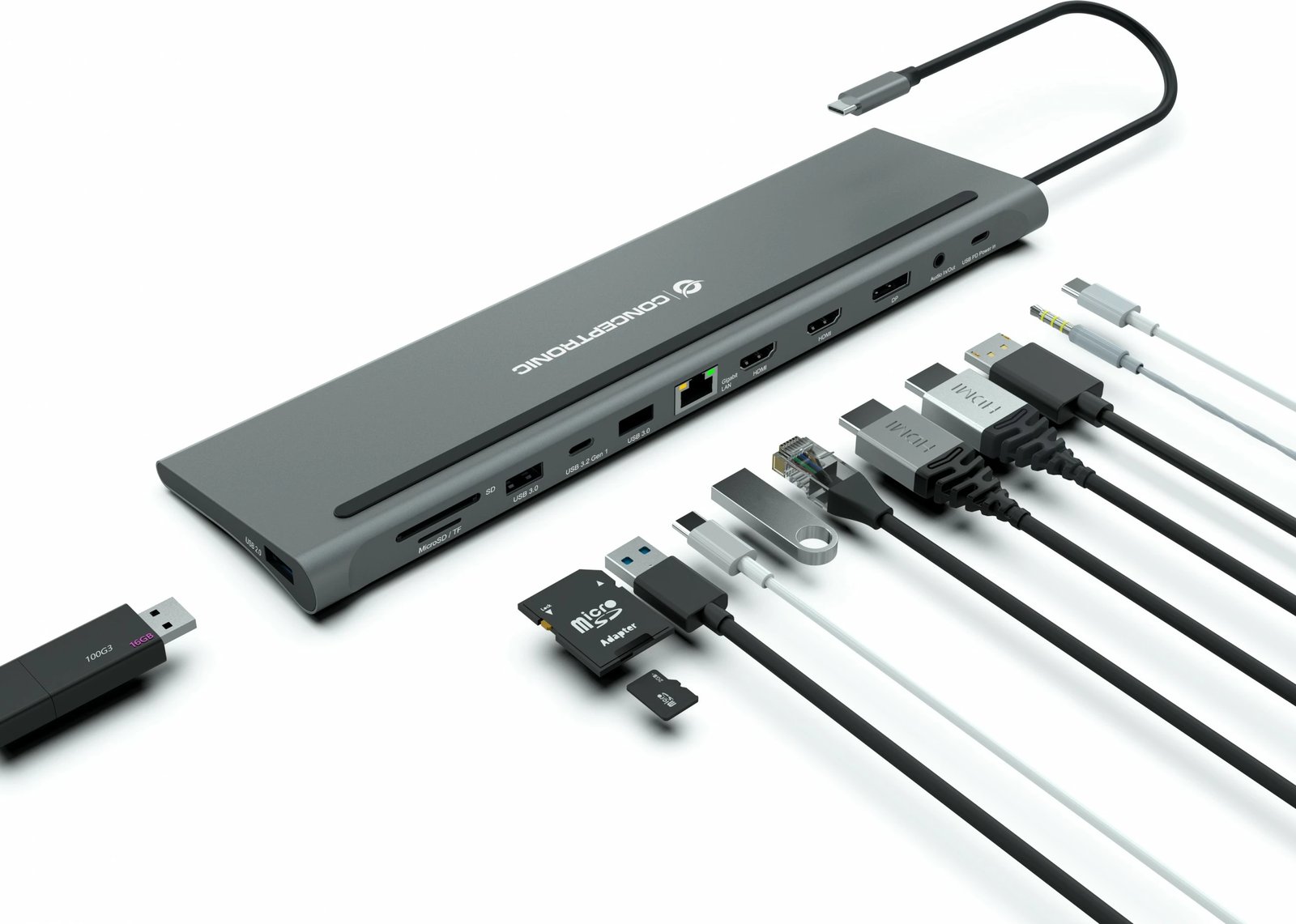 Dok Conceptronic 12-1 USB-C, 2xHDMI, 3xUSB-A, DisplayPort, 18cm, gri