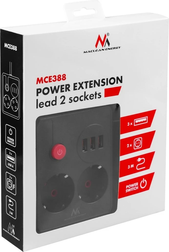 Listelë rryme, Maclean MCE388 B, 2 priza Schuko + 3x USB, 2500W, kabllo 3 m, me çelës, e zezë