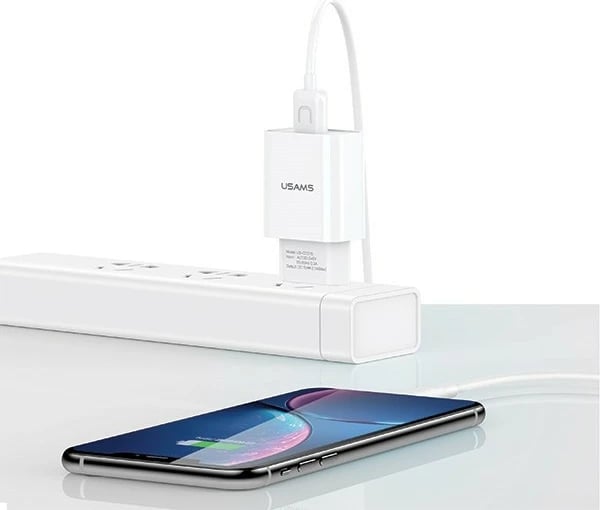 Karikues muri USAMS T21 me 1xUSB, kabllo Lightning 1m, 2.1A, Bardhë