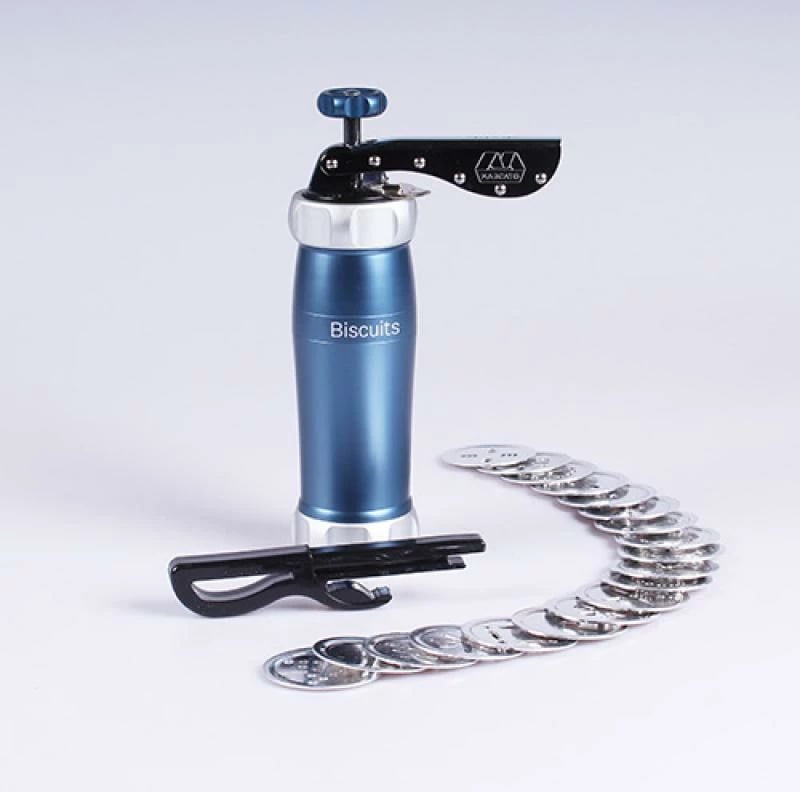 Makineri biskotash Marcato Biscuit Machine Design BI-DES-POWDBLU (BIDESPOWDBLU) manuale me disqe forme, blu