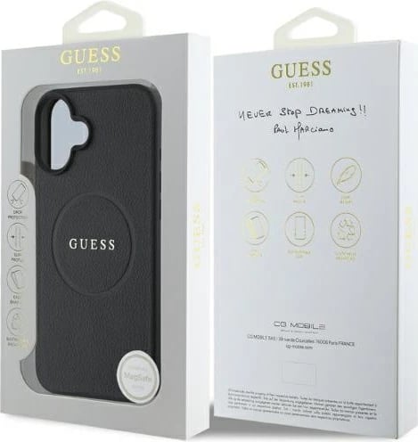 Mbështjellës Guess Grained Ring MagSafe për iPhone 16, i zi Mbështjellës Guess Grained Ring MagSafe për iPhone 16, i zi