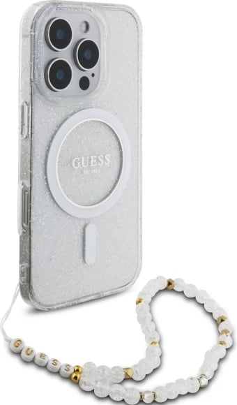 Mbështjellës Guess IML Glitter me rrip perlash MagSafe për iPhone 16 Pro, Transparent Mbështjellës Guess IML Glitter me rrip perlash MagSafe për iPhone 16 Pro, Transparent