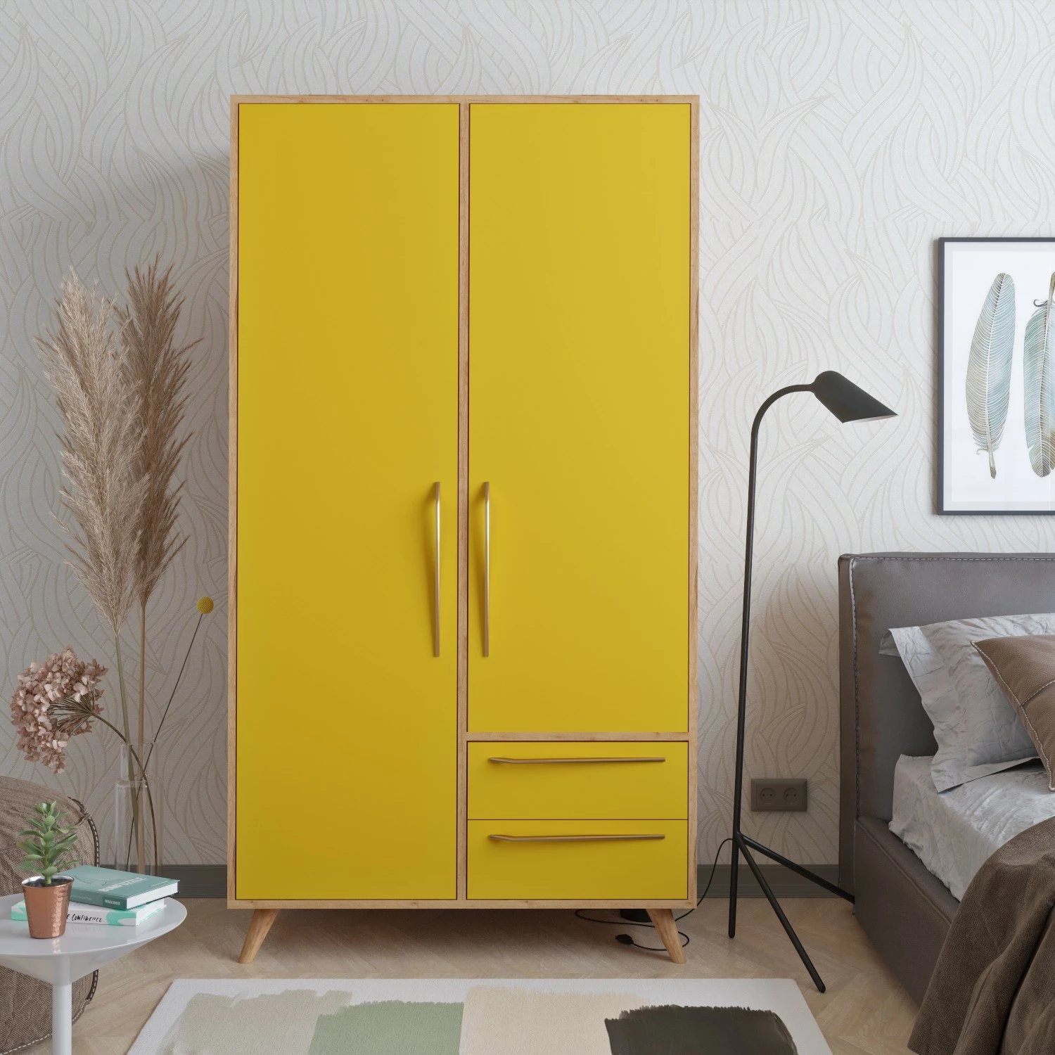 Dollap Hanah Home, CYRİA, ngjyrë lisi dhe e verdhë, 100x190x52cm