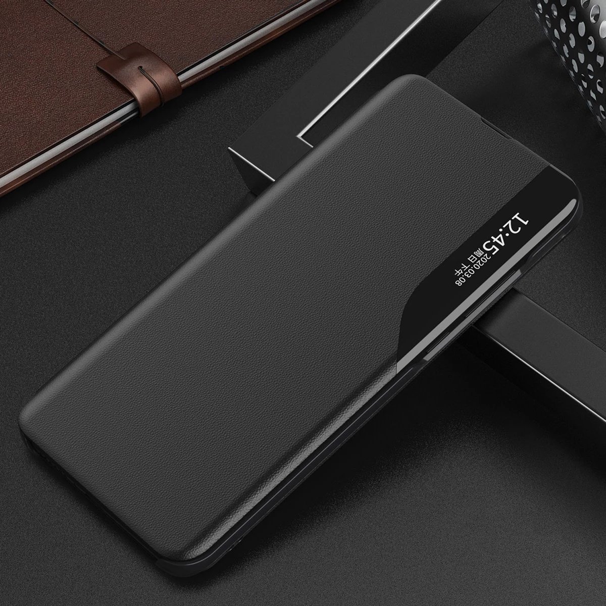 Mbështjellës Hurtel Eco Leather View Case për Samsung Galaxy A14, me kapak dhe qëndrim, i zi