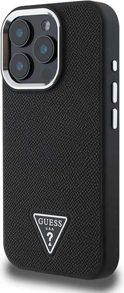 Mbështjellës Guess Grained Triangle MagSafe për iPhone 16 Pro, zi