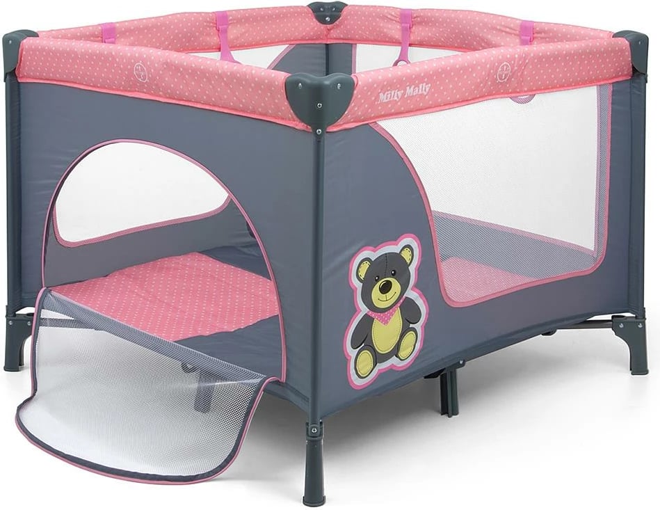 Park loje palosës për bebe, Milly Mally, Fun, 100x100 cm, me dyshek dhe çantë transporti, rozë