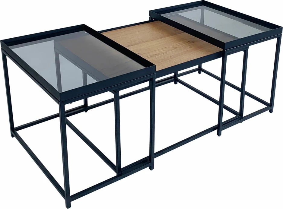 Set tavolinash kafeje Harmonica, 3 copë, natyrale, xham i tymosur, e zezë, 75x55x44