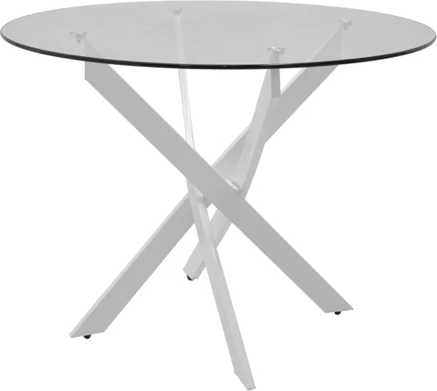 Tavolinë Antoro, xham i tejdukshëm, këmbë metalike të bardha, D80x75cm