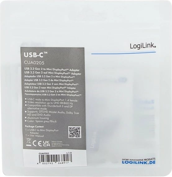 Adapter USB Type-C në mini DisplayPort LogiLink CUA0205, 8K, Zi/Gri
