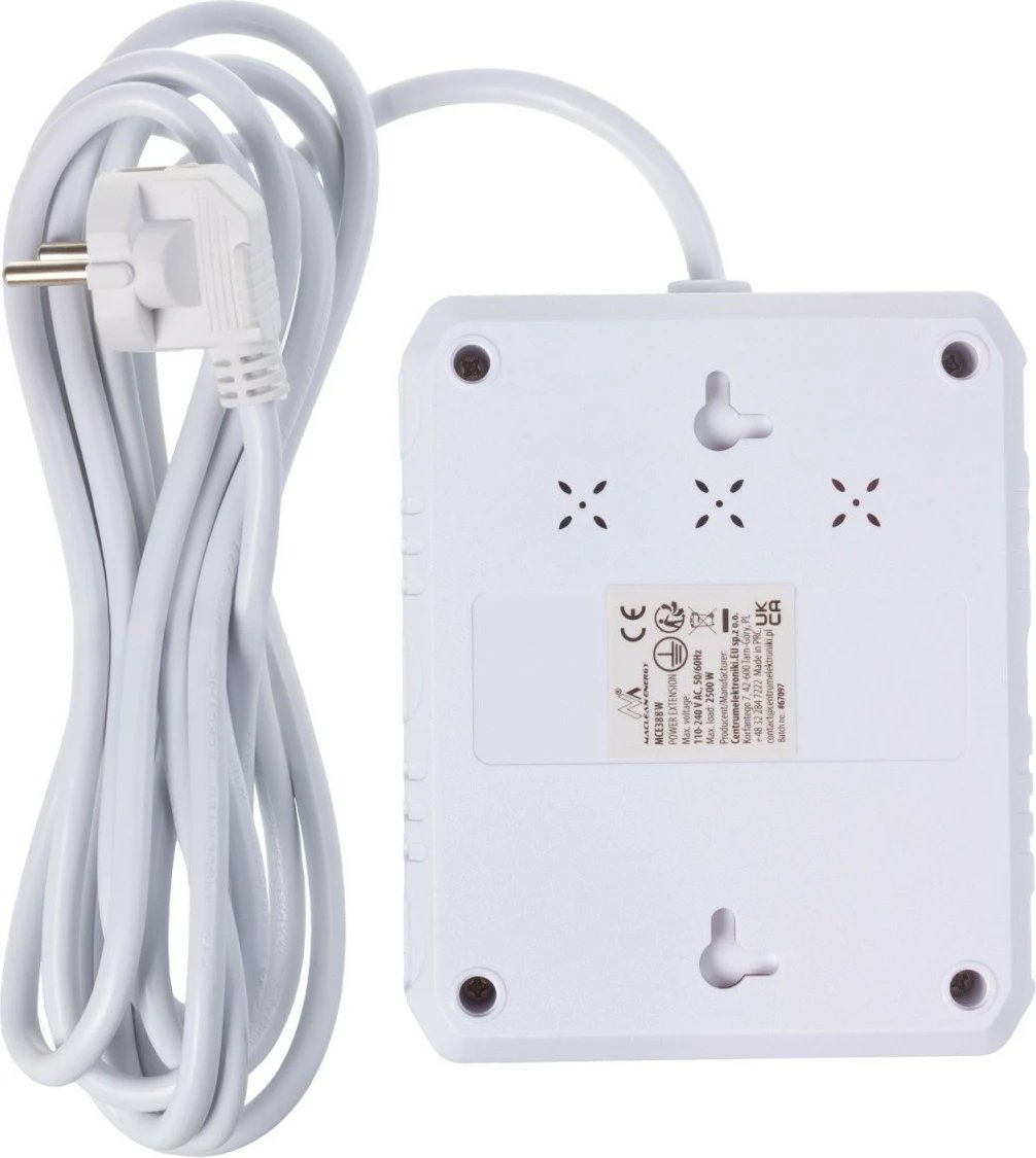 Zgjatues elektrik, Maclean MCE388 W, 2 priza Schuko, 3xUSB 2.1A, 2500W, 110-240V AC, kabllo 3m, i bardhë