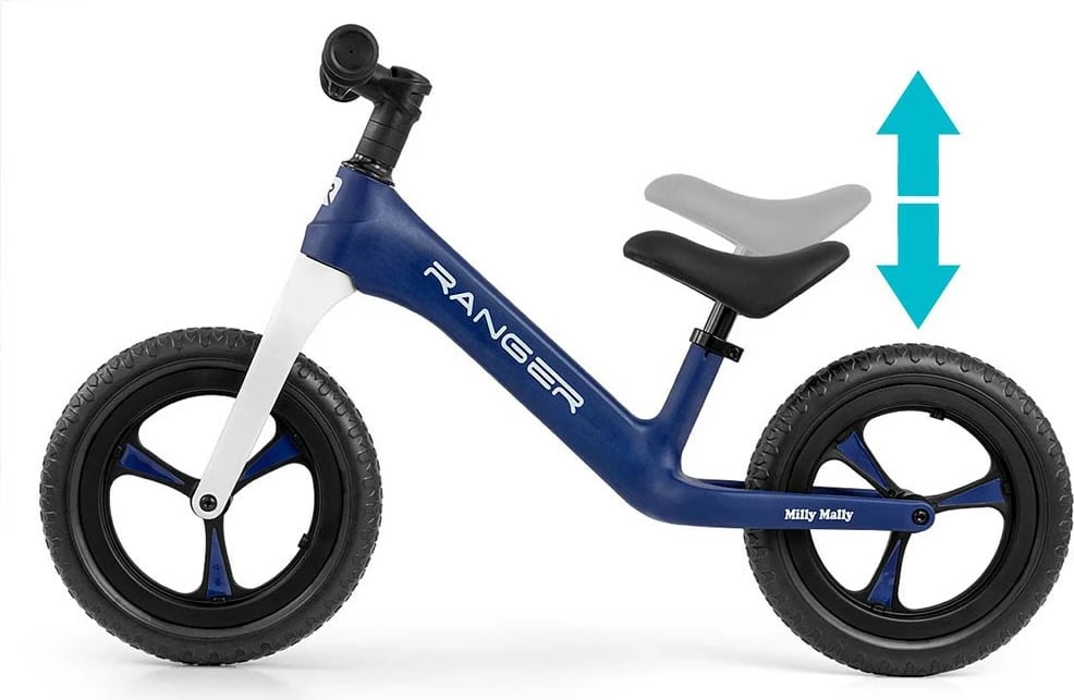 biçikletë balancuese për fëmijë, Milly Mally Ranger, 12" rrota EVA pa shpim, kornizë kompozite, sedilje e rregullueshme, navy