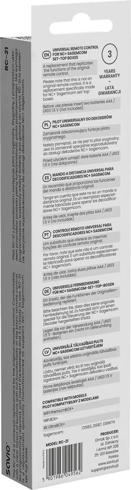 Telekomandë SAVIO RC-21 për TV dhe dekoder, e zezë