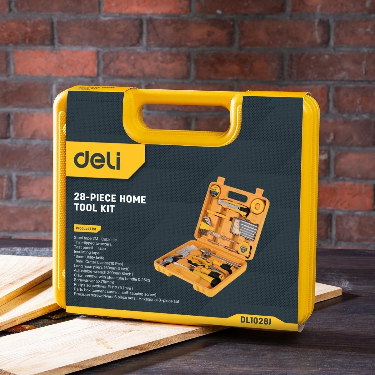 Set veglash Deli Tools EDL1028J, 28 copë, me kasë, e verdhë