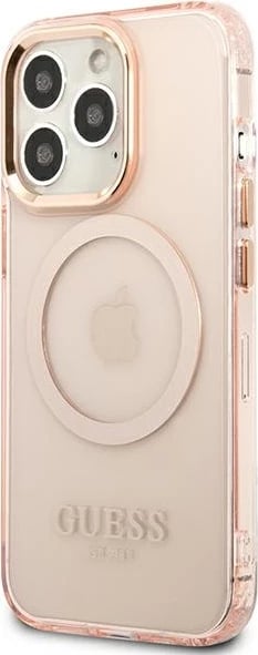 Mbështjellës Guess Gold Outline Translucent MagSafe për iPhone 13 Pro Max, rozë