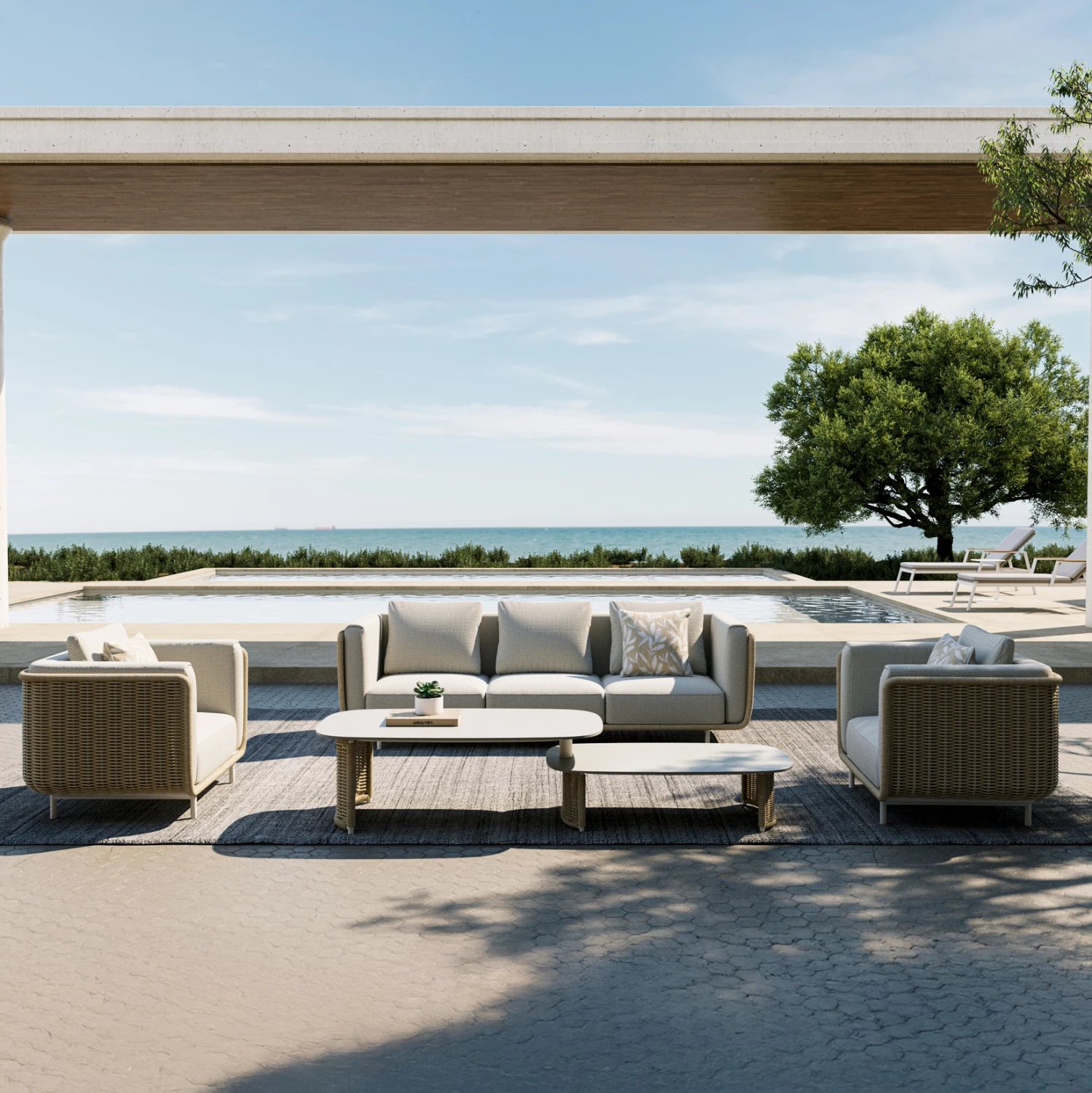 Set lounge për jashtë, 4 pjesë, seri NEXUS, alumin, ratan i përdredhur, gur i sinterizuar