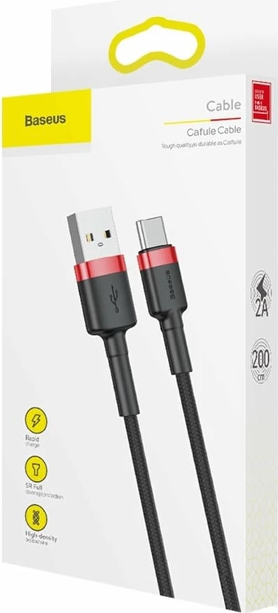 Kabllo Baseus Cafule CATKLF-C91, USB-A në USB-C, 2m, QC3.0, E zezë/E kuqe