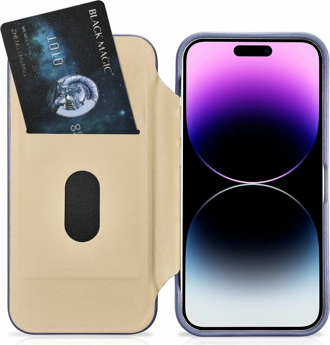 Mbështjellës iCarer CE Premium lëkurë folio për iPhone 14 Pro, MagSafe, vjollcë e lehtë