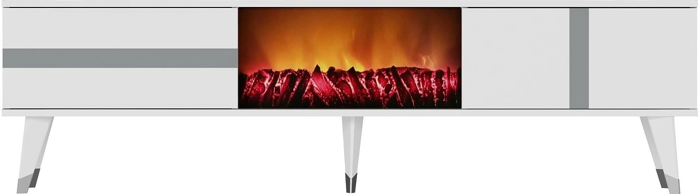 Komodë TV me oxhak elektrik, ngjyrë e bardhë dhe argjendtë, Vania Fireplace
