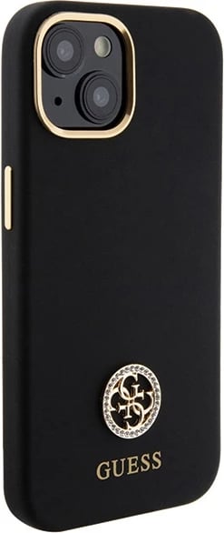 Mbështjellës Guess Silicone Logo Strass 4G për iPhone 15, i zi