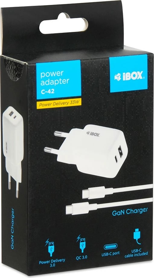 Karikues murit iBOX C42W, 33W, 2 porta USB-C/USB-A, i zi