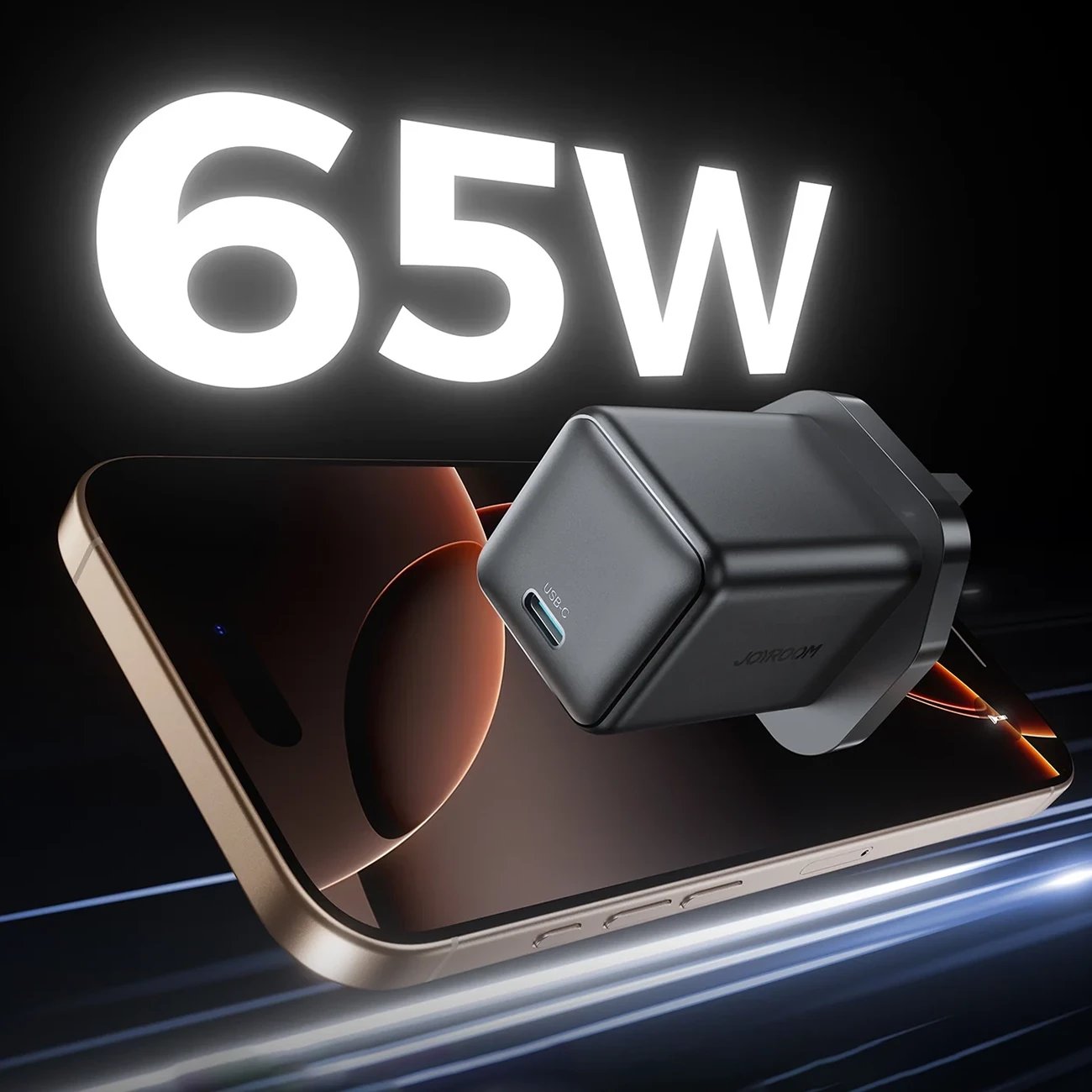 Karikues muri Joyroom JR-TCG18, 65W, 1x USB-C, prizë UK, zi