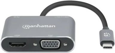 Adapter MANHATTAN USB-C në HDMI & VGA 4in1, Power Delivery, gri