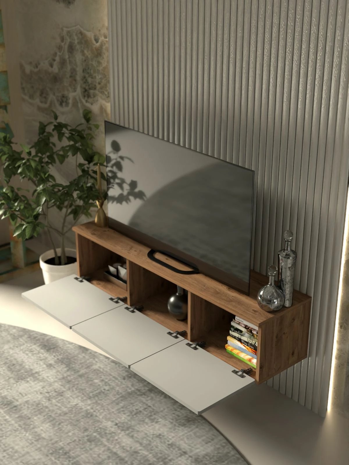 Komodë TV Skye Decor, Modena 135, ngjyrë Atlantic Pine dhe e bardhë