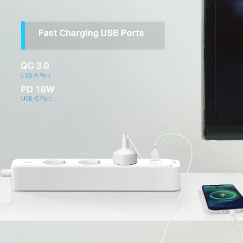 Zgjatues elektrik smart me Wi‑Fi, TP-Link, TAPO P300, 3 porte AC Schuko + 2x USB-A + 1x USB-C, kabllo 1.5 m, bardhë