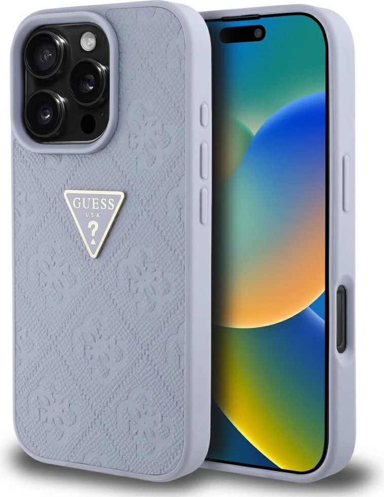 Mbështjellës Guess Hot Stamp 4G Pattern Triangle Metal Logo për iPhone 16 Pro Max, Vjollcë