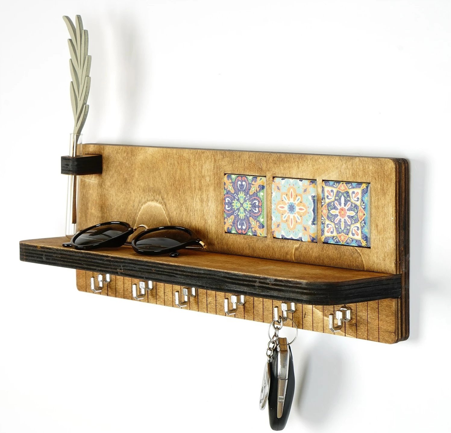 Mbajtës çelësash prej druri për mur, Wallity LAZ166, ngjyrë arre, 40x14x8cm