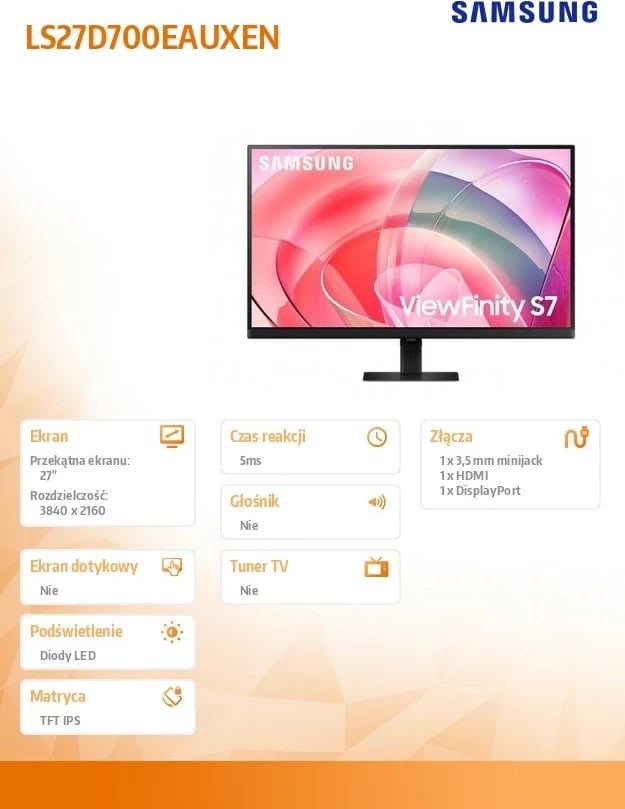 Monitor Samsung ViewFinity S7 LS27D700EAUXEN 27", 4K UHD, IPS, i zi