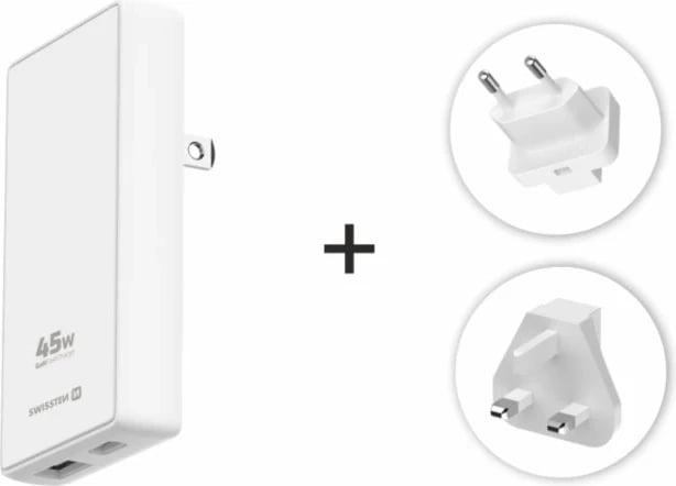 SWISSTEN KARIKUES GaN USB-C + USB-A 45W me priza të ndërrueshme (SHBA, BE, Britani e Madhe)