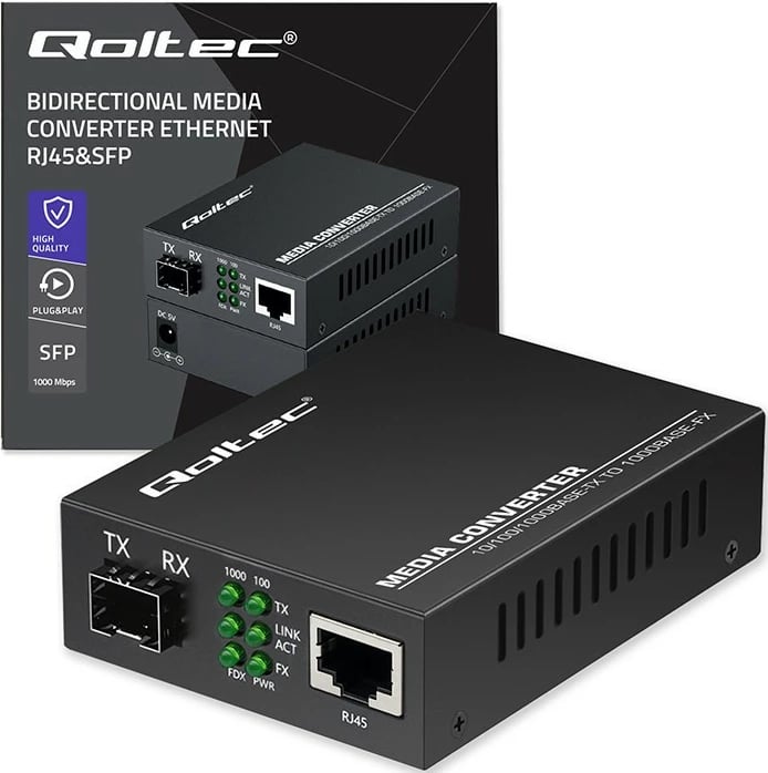 Konvertues media Qoltec 52295, 1x RJ45, 1x SFP, 1000Mb/s, i zi