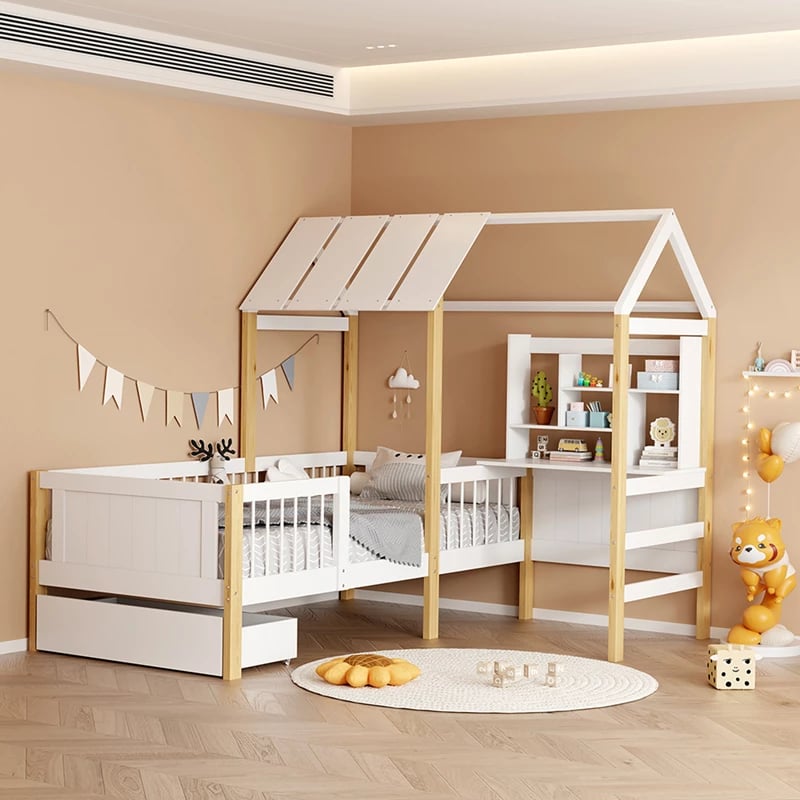 Krevat për fëmijë Bedria, stil Montessori, dru i bardhë-natyral, 190x90cm