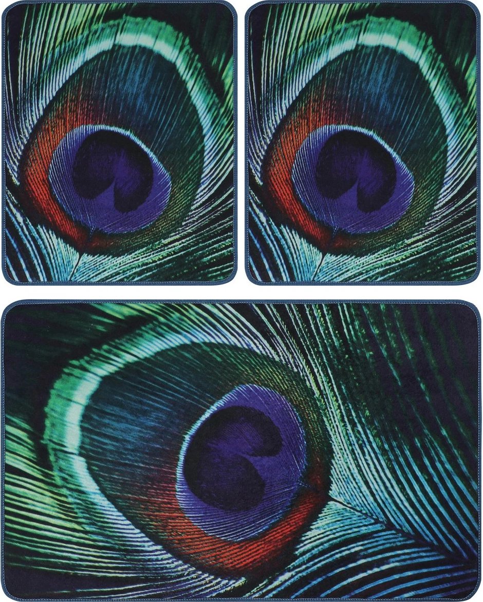 Set tapetash për banjo, 3 copë, dizajn pendë palloi, shumëngjyrëshe, Mijölnir, Peacock Set tapetash për banjo, 3 copë, dizajn pendë palloi, shumëngjyrëshe, Mijölnir, Peacock