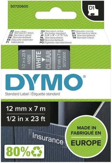 Kasetë shirit etiketues, Dymo D1 45020 (S0720600), 12 mm x 7 m, e bardhë në të tejdukshëm