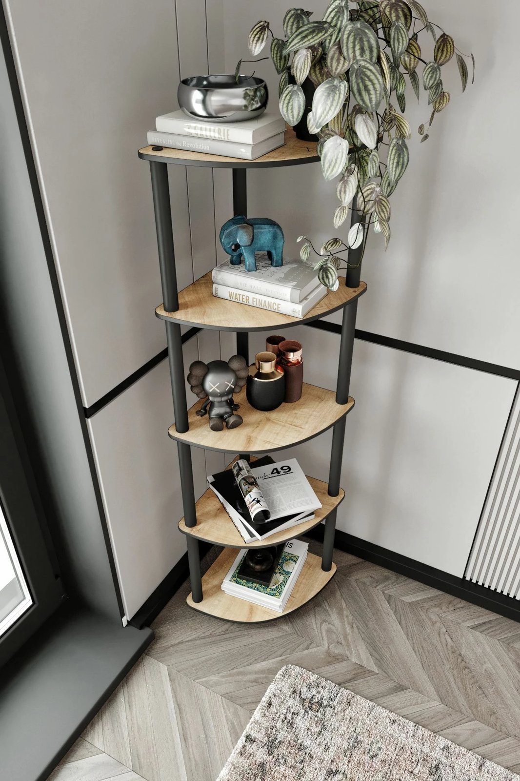 Raft këndi për libra, ngjyrë lisi, Skye Decor, 5 nivele