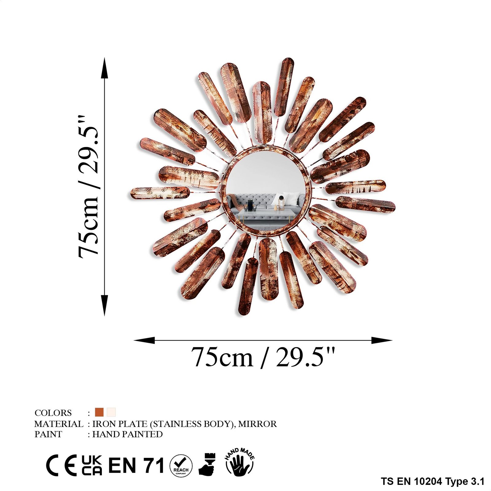 Pasqyrë dekorative, model dielli, shumëngjyrëshe, Mirror Sun 3, 75x75x4cm