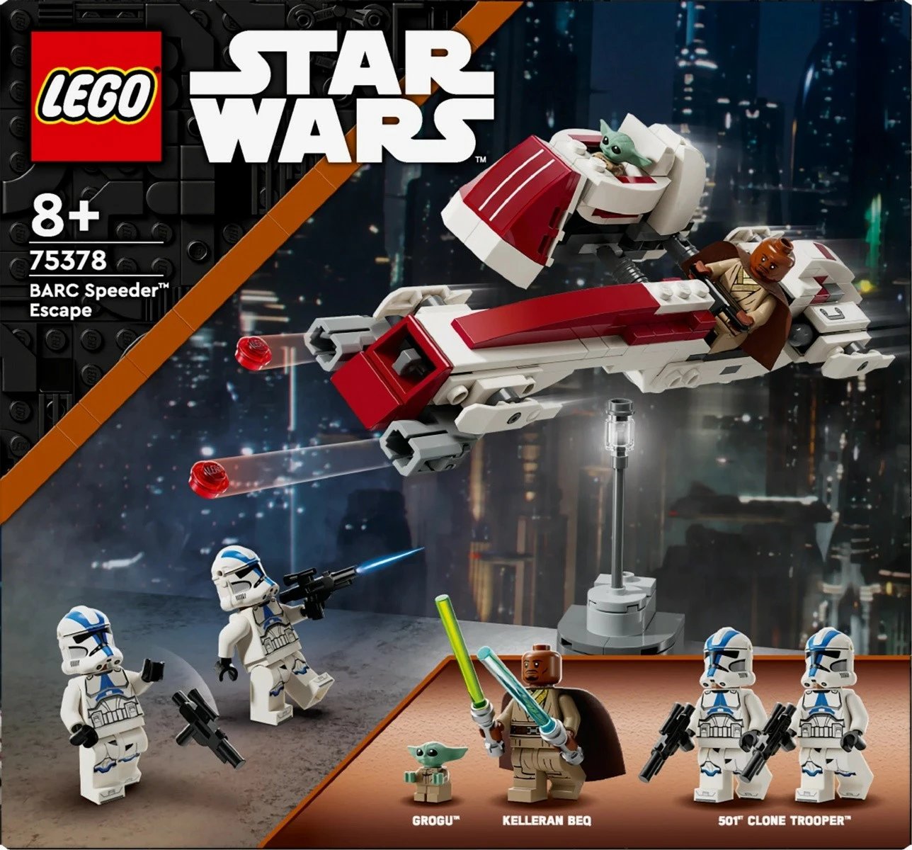 Set LEGO Star Wars 75378 BARC Speeder Escape, 221 pjesë, me figurina Grogu, Kelleran Beq dhe 501st Clone Trooper