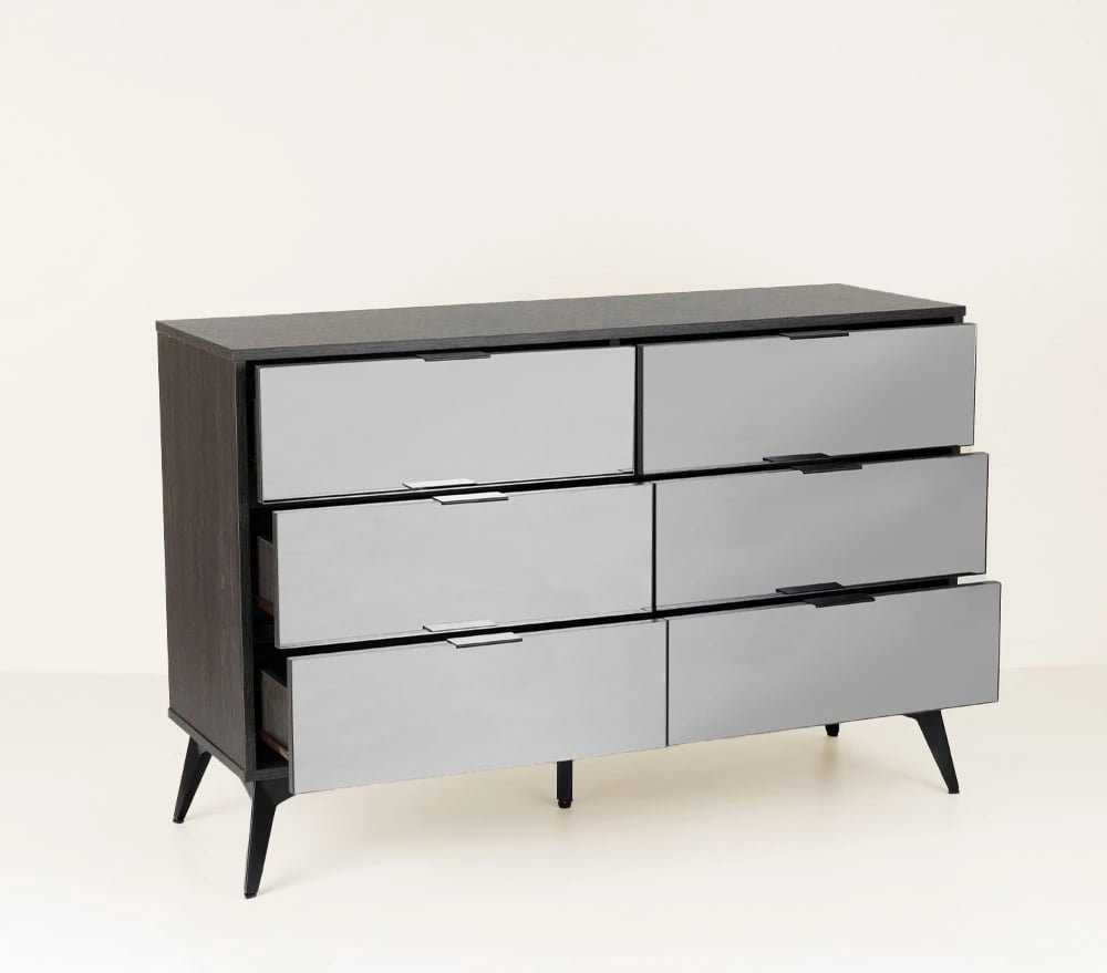 Komodë Specchio me 6 sirtarë, ngjyrë lis i zi, pasqyrë, 120x39x80