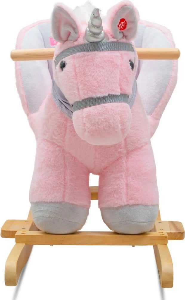 Lodër lëkundëse, Baby Mix, njëbrirësh me melodi, sedilje me mbështetëse dhe rripa sigurie, bazë druri, rozë