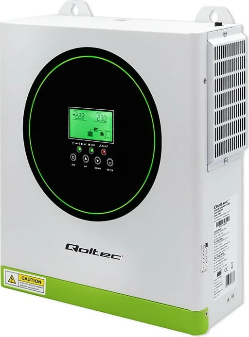 Inverter solar hibrid Qoltec 53863, 1500W, 100A, 12V, MPPT, Sinus i pastër, Wi-Fi, Bardhë/Gjelbër