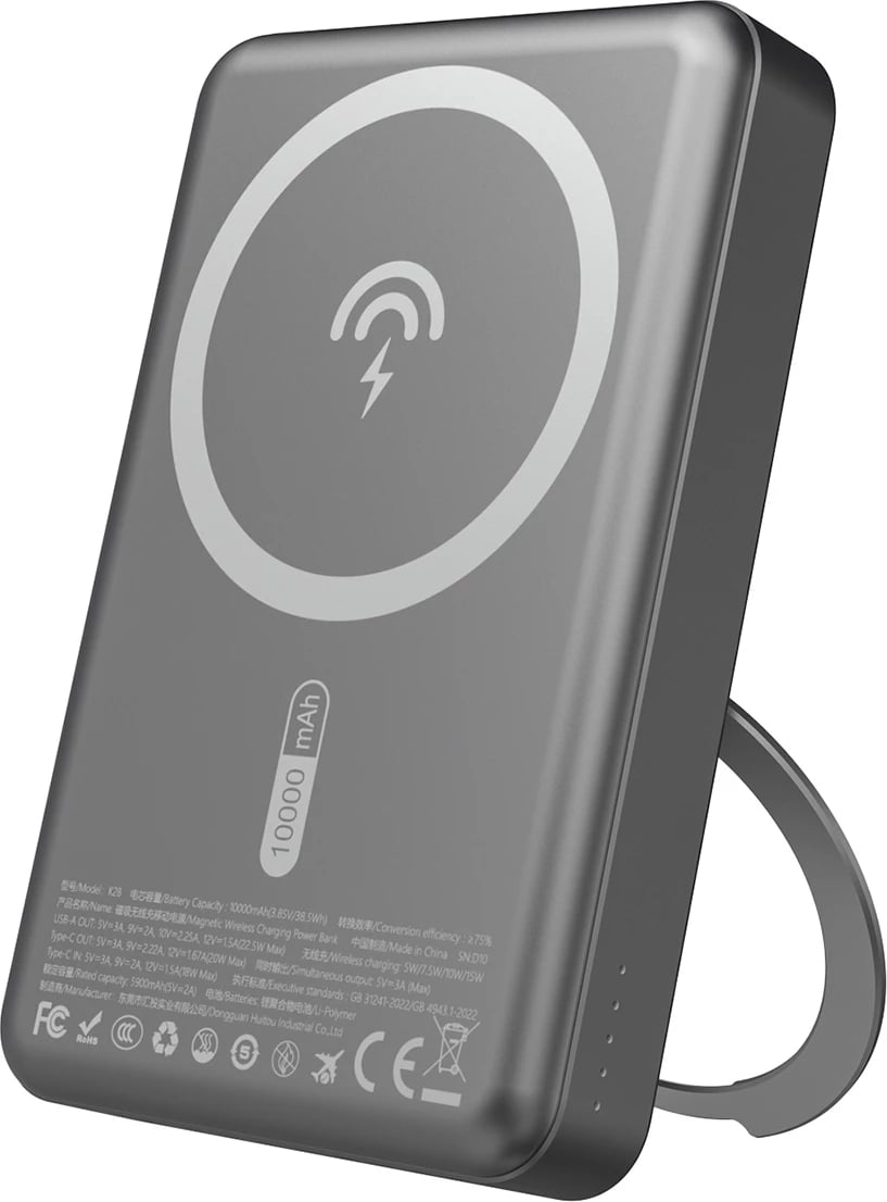 Powerbank Dudao K28, 10000mAh, MagSafe, kasë metalike, ring stand, Gri