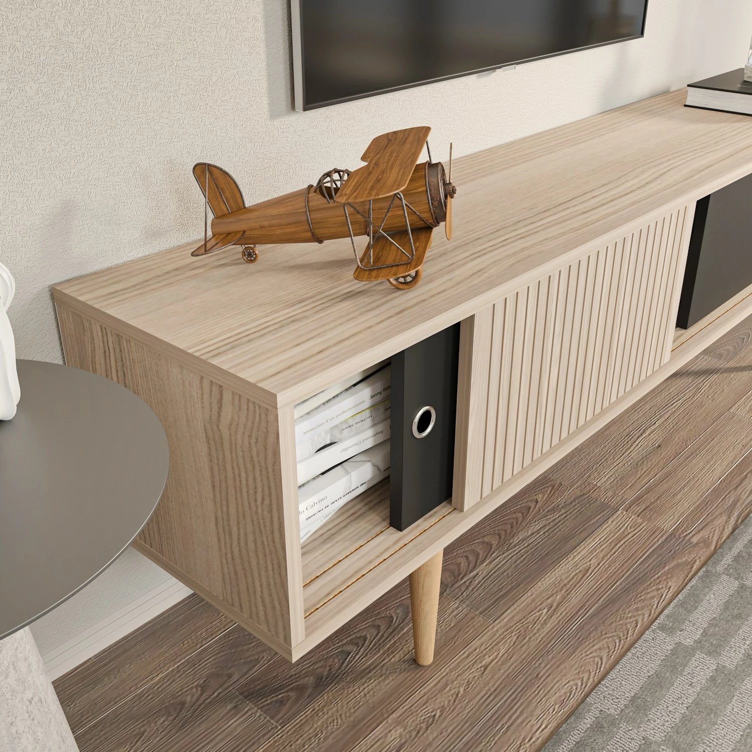 Komodinë TV Skye Decor, ngjyrë lis dhe e zezë