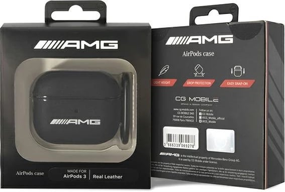 Mbështjellës Mercedes AMG Leather Big Logo për AirPods 3, e zezë