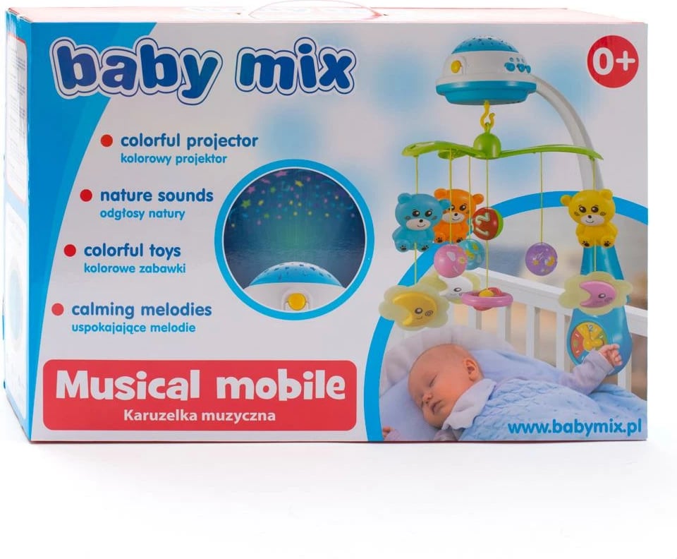 Karusel për krevat me projektor drite, Baby Mix, me melodi dhe rrotullim, figura zhurmuese, jeshile