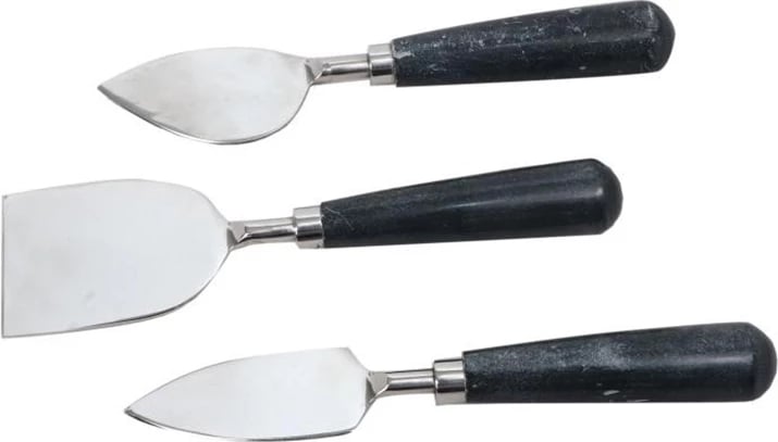 Set për shërbim djathi, 3 copë, çelik, dorezë mermeri e zezë, 18x5x2cm