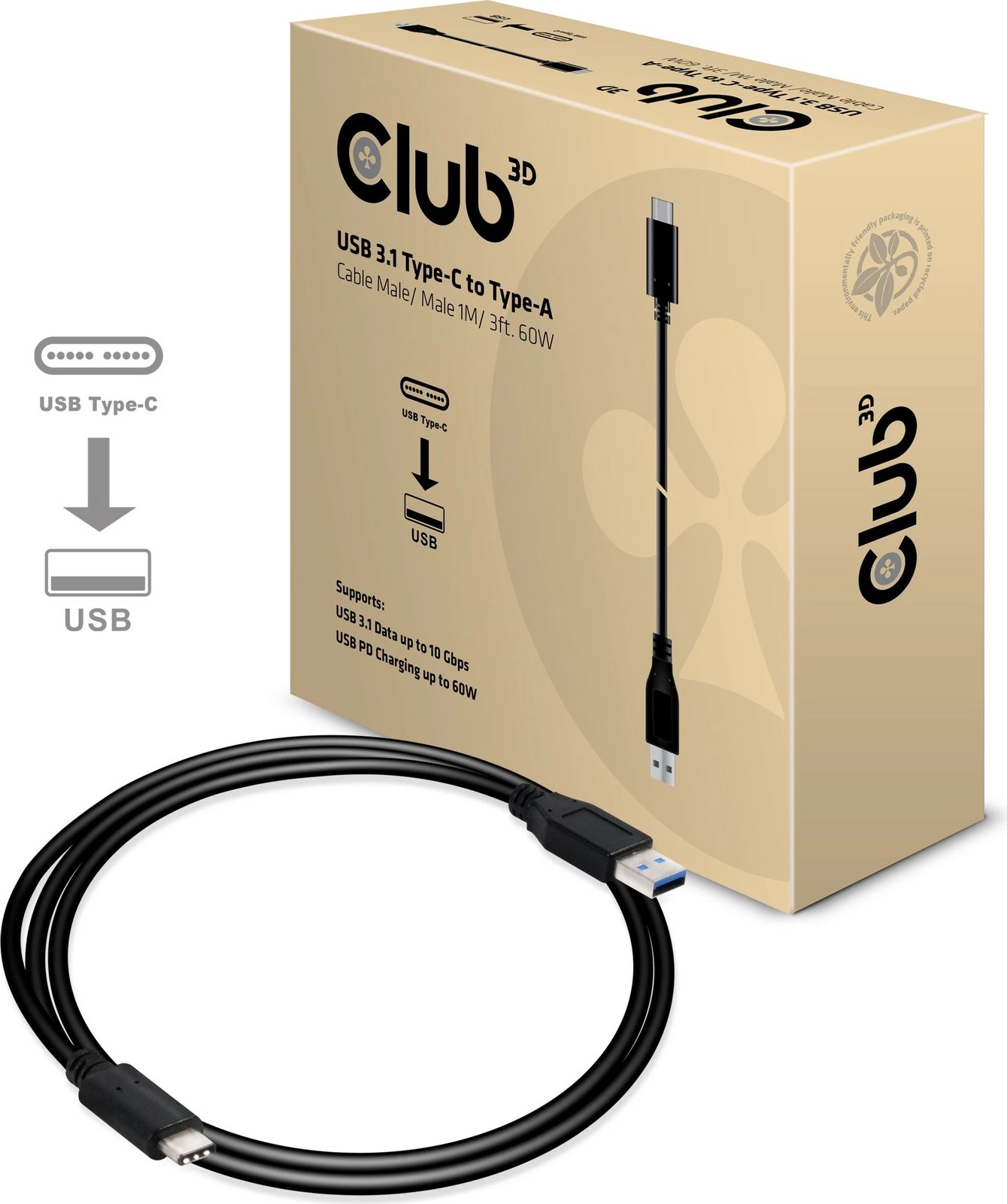 Kabllo USB Club3D USB 3.1 Type-C në Type-A 1m e zezë Kabllo USB Club3D USB 3.1 Type-C në Type-A 1m e zezë
